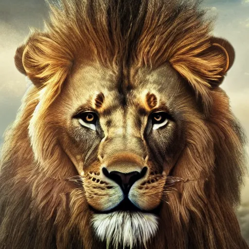 Image similar to high realistic portrait of a lion warrior, highly detailed, epic, dark, 4k