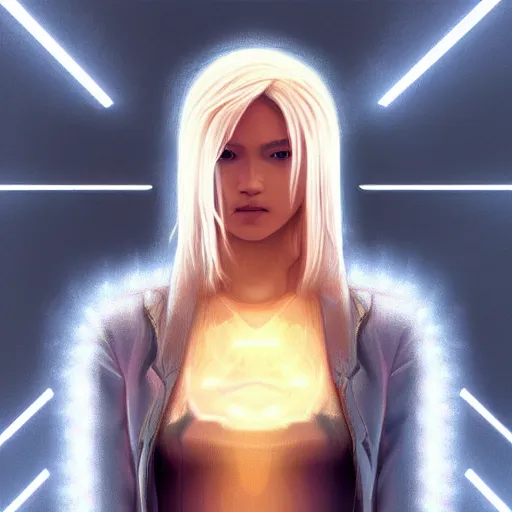 Image similar to pretty blond cyberpunk seraphim in a machine city, perfect symmetrical face, cute face, 8 k, shallow depth of field, 8 k, ultra high detail, concept art, w 1 0 2 4