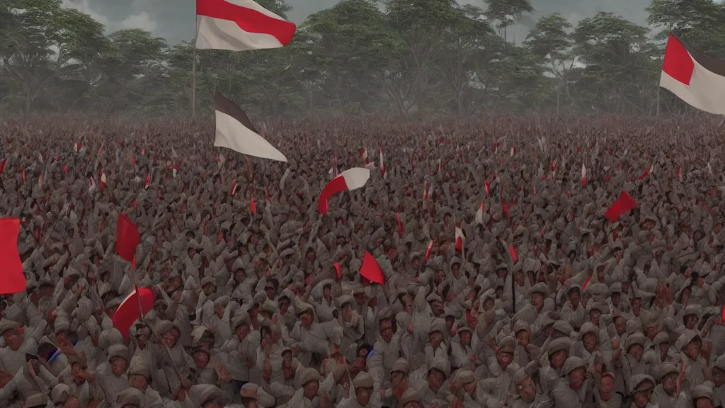 Image similar to A shot from a Films about the Indonesian National Revolution, infared photography, 8K, film render, extremely detailed, rendered in Octane