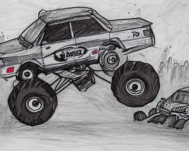 Prompt: A monster truck runs over a man, drawing by a 6 year old child