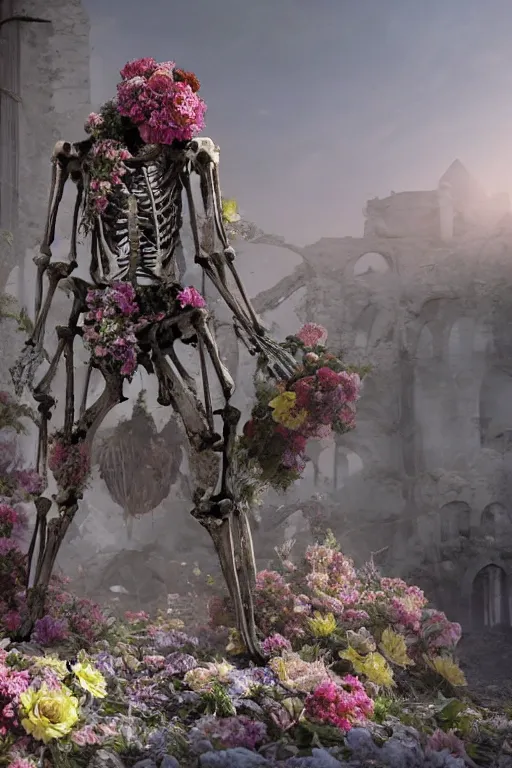 Image similar to a human skeleton full of flowers sitting in a destroyed and ruined throne in a ruined castle at sunrise, concept art, octane render, unreal engine 5, trending on Artstation, high quality, 8K, soft lighting, trending on DeviantArt, highly detailed, digital art, hyperrealistic, path traced, godrays, complementary colors, natural lighting, anatomically correct, five fingers