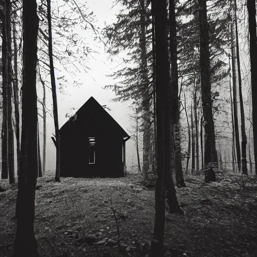 Prompt: a photo of a Eerie cabin in the middle of the woods in the style of Yohji Yamamoto