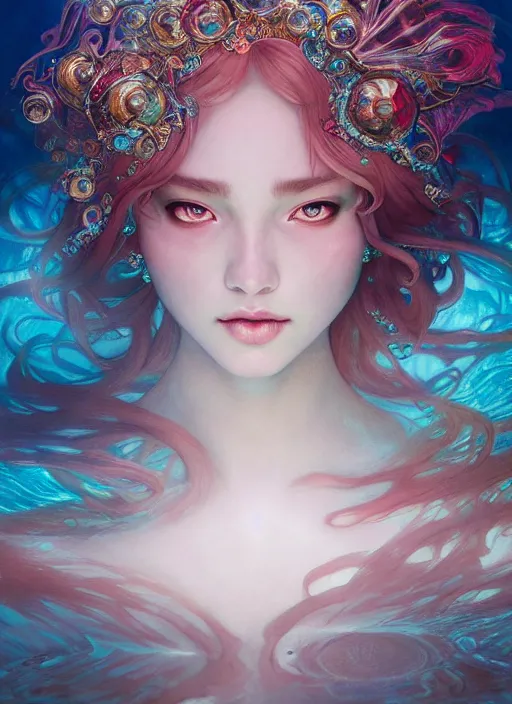 Prompt: an underwater photographic beauty portrait of an anthropomorphic ruby gemstone goddess, cinematic, volumetric lighting, fantasy, intricate, elegant, highly detailed, digital painting, artstation, concept art, smooth, sharp focus, illustration, art by ayami kojima, artgerm and h r giger and alphonse mucha