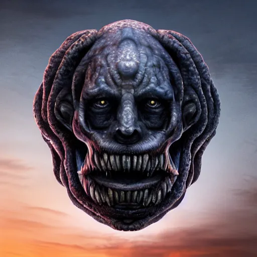 Prompt: the large enormous giant head of a monster appearing from a portal in the sky. lovecraft. lovecraftian. eldritch monster. detailed. uhd. photo realistic. realistic. detailed.