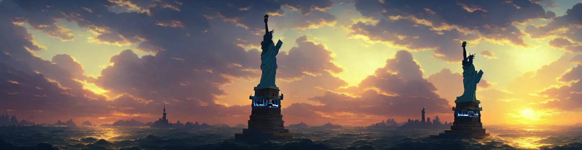 Prompt: A landscape with statue of liberty , Studio Ghibli, backlight sunset sky, animated, anime, illustrated, vibrant, by Greg Rutkowski, dungeons and dragons on artstation