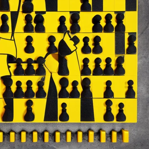 Image similar to the wu - tang clan as chess pieces on a yellow and black chessboard 8 k hyperdetailed photorealism