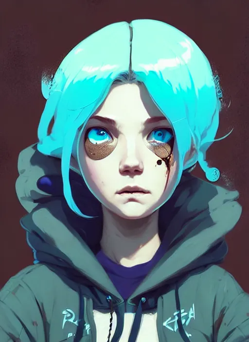 Prompt: highly detailed portrait of a sewer punk lady student, blue eyes, hoodie, white hair by atey ghailan, by greg rutkowski, by greg tocchini, by james gilleard, by joe fenton, by kaethe butcher, gradient blue, black, brown and cyan color scheme, grunge aesthetic!!! ( ( graffiti tag wall background ) )