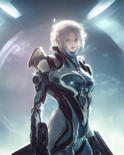 Image similar to photo of a beautiful girl on a mothership, android, warframe armor, pretty face, scifi, futuristic, galaxy, raytracing, dreamy, perfect, aura of light, pure, white hair, blue cyborg eyes, glow, insanely detailed, artstation, innocent look, art by gauthier leblanc, kazuya takahashi, huifeng huang