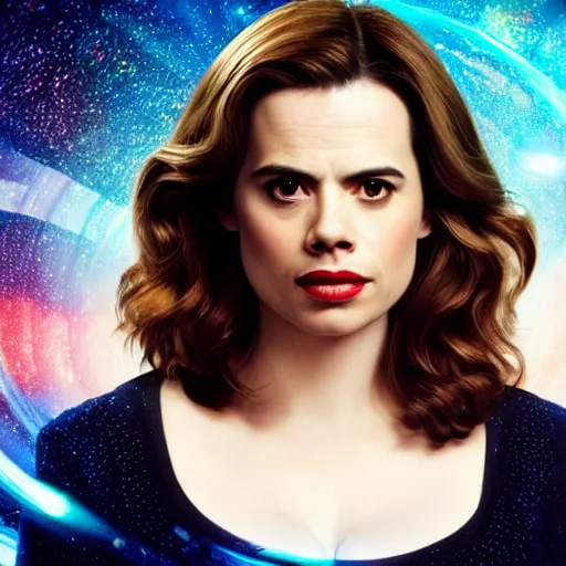 Image similar to a beautiful full body photograph of hayley atwell as'doctor who ', time vortex in the background, detailed face, symmetrical face, extreme realism and detail, 8 k, completely framed, direct lighting, 3 5 mm photo, photorealistic, sharp focus