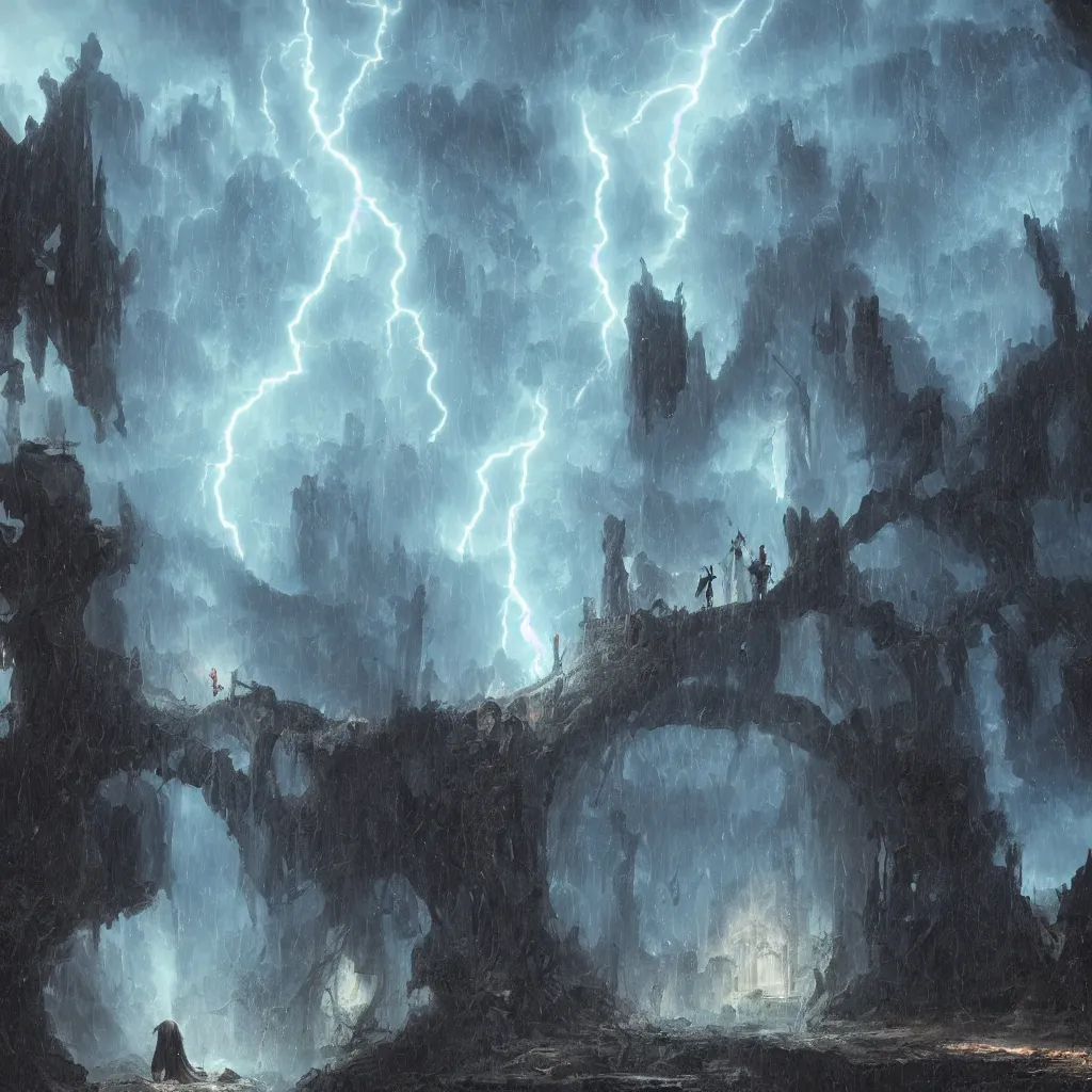 Image similar to a still of a cloaked figure standing in the ruins of crux prime, monastery, there is lightning, blue fiery maelstrom in the distance, it is raining, digital art, artstationhq