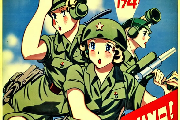 Image similar to uwu, 1940s, war, anime, poster, tanks