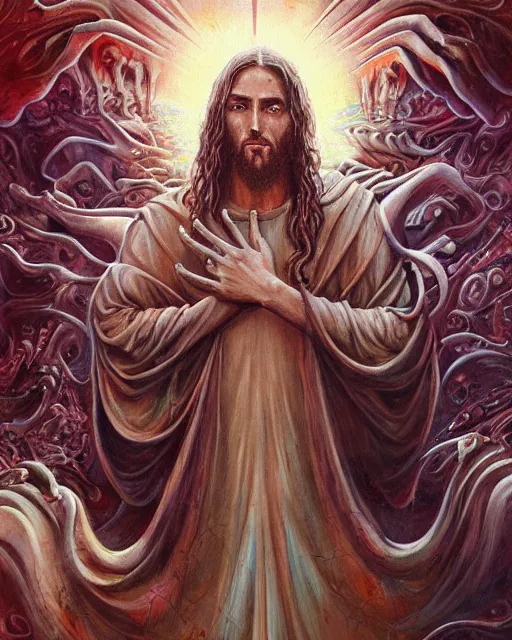 Prompt: jesus christ, by antonio j. manzanedo, giger, alex grey, android jones, wayne barlowe, philippe druillet, raymond swanland, cyril rolando, josephine wall, harumi hironaka, trending on artstation