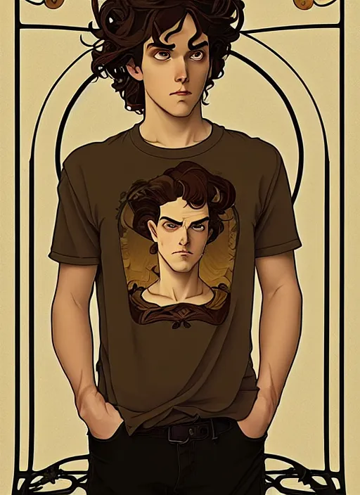 Image similar to art nouveau portrait of a young man with curly light brown hair, brown eyes, serious facial expression, gloomy mood, angry, t - shirt, natural lighting, path traced, highly detailed, high quality, cartoon, digital painting, by don bluth and ross tran and studio ghibli and alphonse mucha