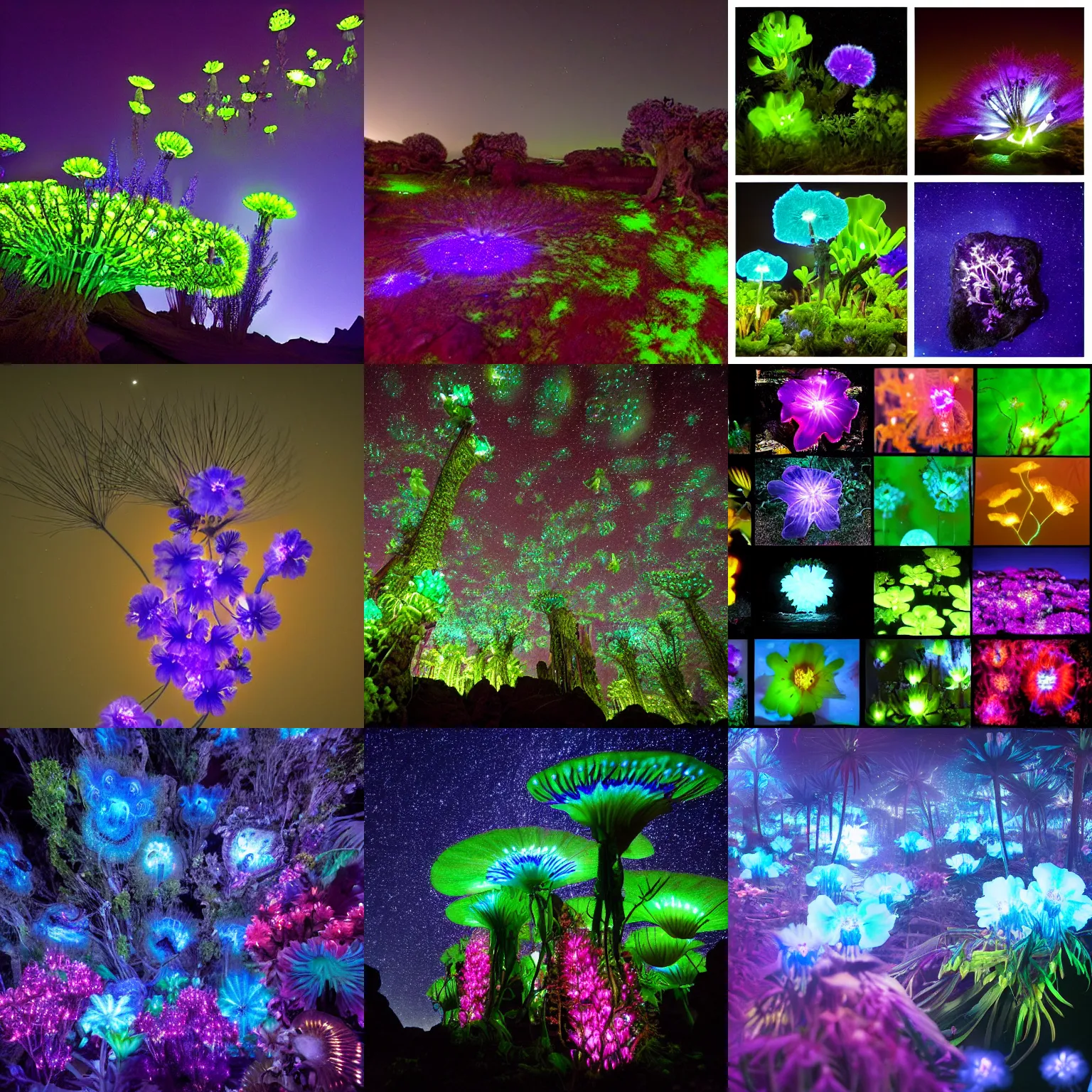 Prompt: beautiful nature photography of bioluminescent flowers from planet pandora, low light, avatar, james cameron