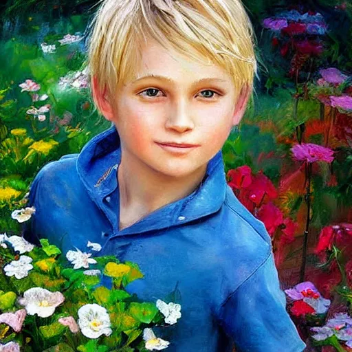 Prompt: a cute seven year old boy with tousled blonde hair and blue eyes in a lovely garden, beautiful painting by raymond swanland and magali villanueve, highly detailed face