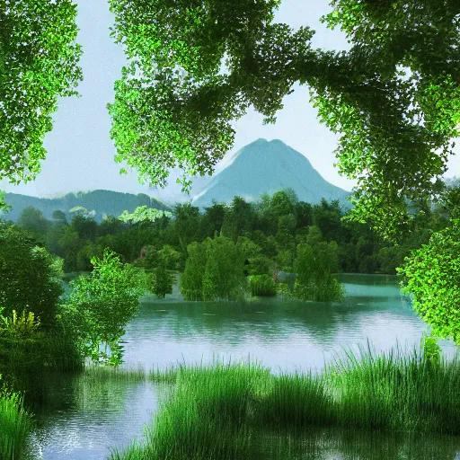 Prompt: a lush landscape with lakes and green trees sits in a glass pendant on a glittering marcasite and cut emerald necklace ; very detailed, 3 d rendered matte painting, fresnel effect, subsurface scattering, dslr, trending on artstation unreal engine vray