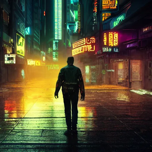 Image similar to A man with nothing left to lose, wandering in the hostile neon-soaked dirty streets of a city from the future, armed and dangerous, cyberpunk. night, rain, dark clouds, realistic 4k octane beautifully detailed render, 4k post-processing, highly detailed, intricate complexity, epic composition, magical atmosphere, cinematic lighting, masterpiece, ultra hd