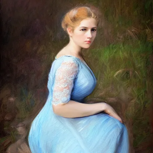 Image similar to portrait painting of a young lady in a light blue dress 1 9 0 0 s entire face shown in great detail, looking at the camera, full body in camera, blonde hair, garden, photorealistic, extreme detail, sharp focus, 8 k, intricate, hyper detailed, realistic, cinematic lighting