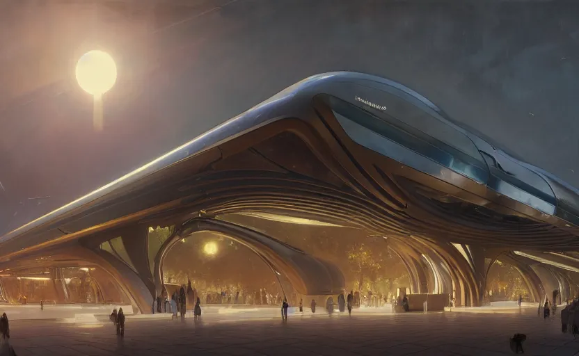 Image similar to exterior shot of utopian train station with cinematic lighting by zaha hadid and renzo piano, darek zabrocki and greg ruthkowski, alphonse mucha, simon stalenhag, cinematic, holy place, paradise, scifi, futurism, atmospheric, sunset, concept art, artstation, trending on artstation