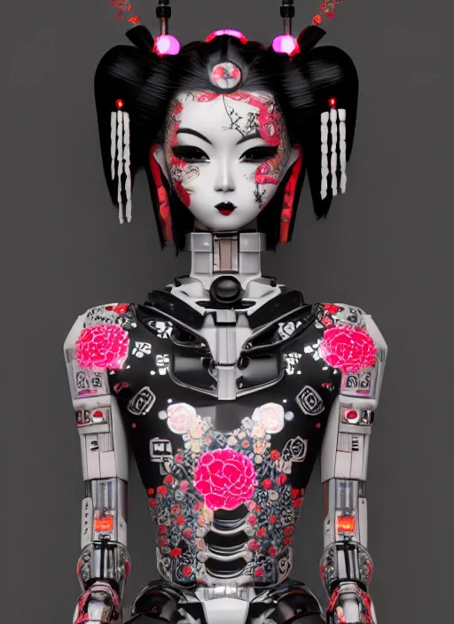 Image similar to full body portrait of a gothic style japanese robot geisha with kanji tattoos and decals wearing a digital pixelated kimono, intricate design, photo - realistic, octane render, dark colour palette, ultra fine detailed, character design, trending on artstation