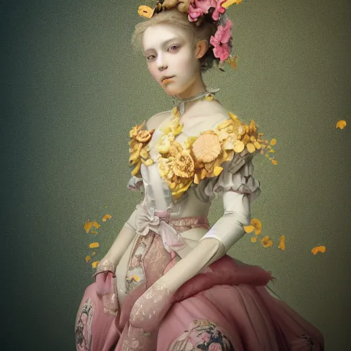 Image similar to 8k, octane render, realism, tonalism, renaissance, rococo, baroque, portrait of a young lady wearing long harajuku manga dress with flowers and skulls, background chaotic gold leaf flowers