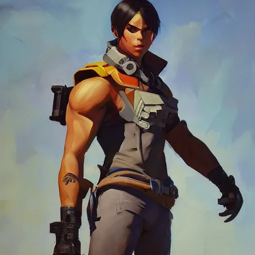 Image similar to greg manchess portrait painting of eren jager as overwatch character, medium shot, asymmetrical, profile picture, organic painting, sunny day, matte painting, bold shapes, hard edges, street art, trending on artstation, by huang guangjian and gil elvgren and sachin teng