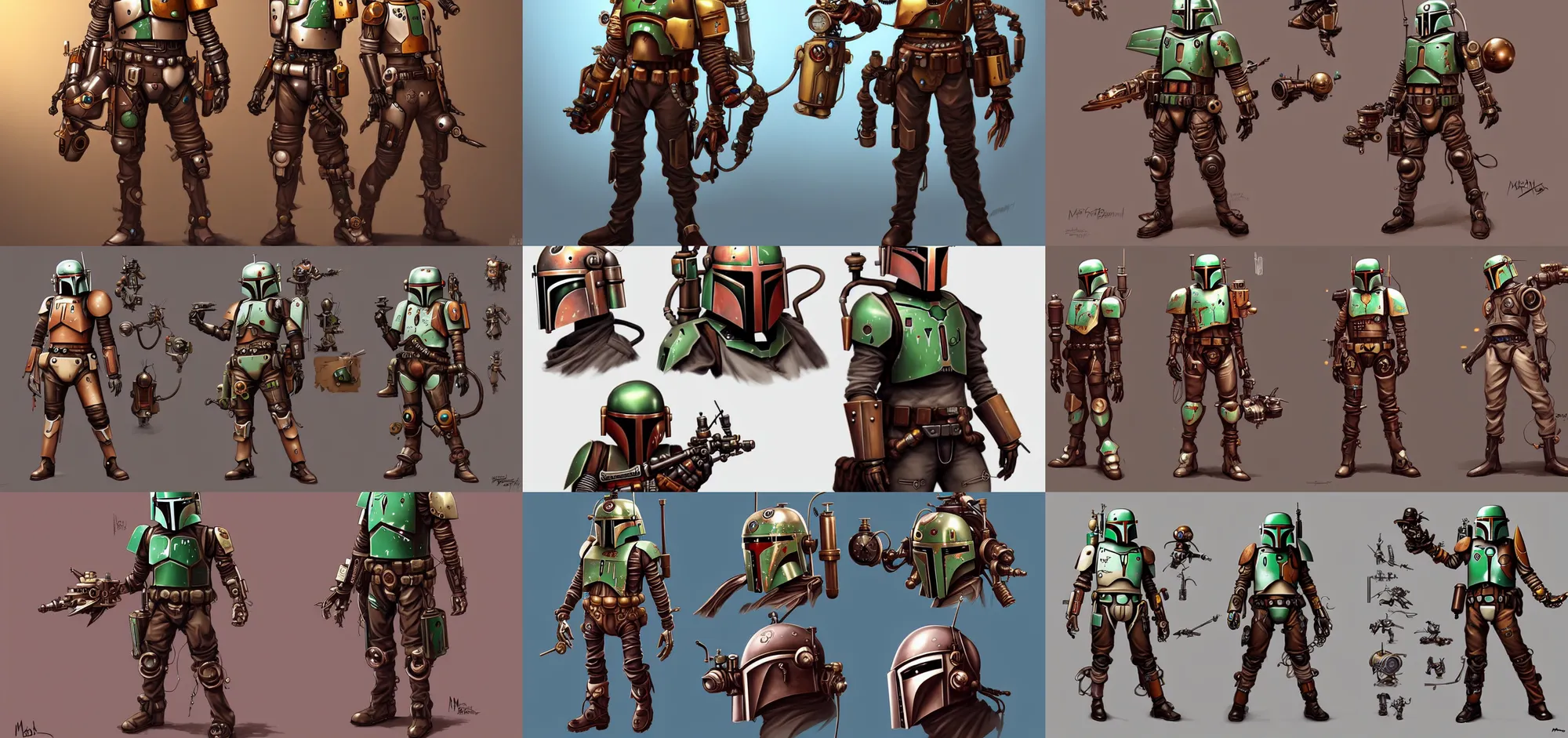 Prompt: concept art of steampunk automaton boba fett video game characters head designs, unique styles, clockwork, overwatch by marc brunet and artgerm