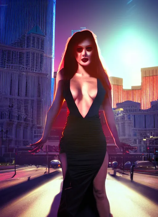 Prompt: full body portrait, vampire queen in background of las vegas at night, highly detailed, CGsociety, subtle, concept art, HDR, hyper realistic, volumetric lighting, subsurface scattering, unreal