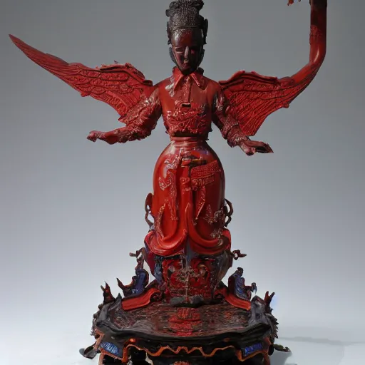 Image similar to museum angeline joile statue monument made from chinese porcelain brush face hand painted with iron red dragons full - length very very detailed by rutkowski symmetrical well proportioned