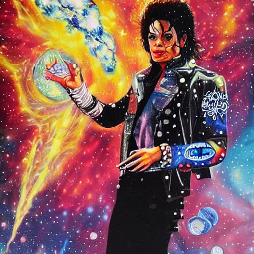 Prompt: a portrait of a magical Michael Jackson casting a spell in a cosmic scenic environment by Sandra Chevrier, hyperdetailed