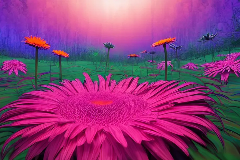 Image similar to beautiful field of giant gerber daisy flowers digital illustration by dr. seuss : 1 | colorful surreal psychedelic megaflora forest by beeple : 1