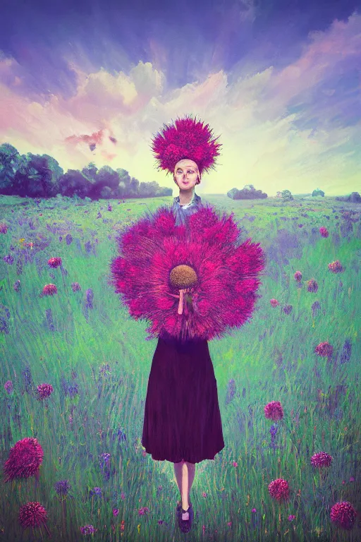 Prompt: portrait, enormous thistle flower under head, a girl in a suit in field of flowers, surreal photography, sunrise, blue sky, dramatic light, impressionist painting, digital painting, artstation, simon stalenhag