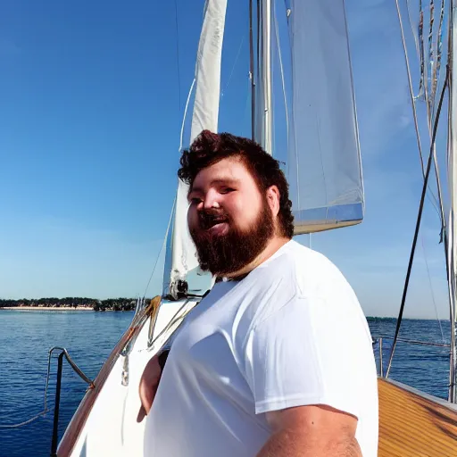 Image similar to a short fat bearded boy on a sailboat