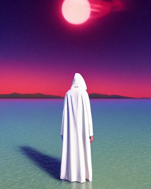 Image similar to a person wearing a white cloak that's blowing in the wind. they are standing in the water. a large planet with rings is visible in the sky. an album cover by stanley twardowicz, trending on cg society, retrofuturism, retrowave, chillwave, synthwave, 3 d render, unreal engine