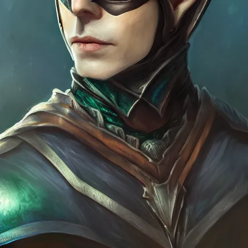 Prompt: Male Wood Elf Rogue, dnd, d&d, dark blue leather armor, black cloth mask, Chest Guard, Brown Hair, green eyes, high fantasy, , HD, Trending on Artstation. Head and Shoulder matte painting portrait by wlop