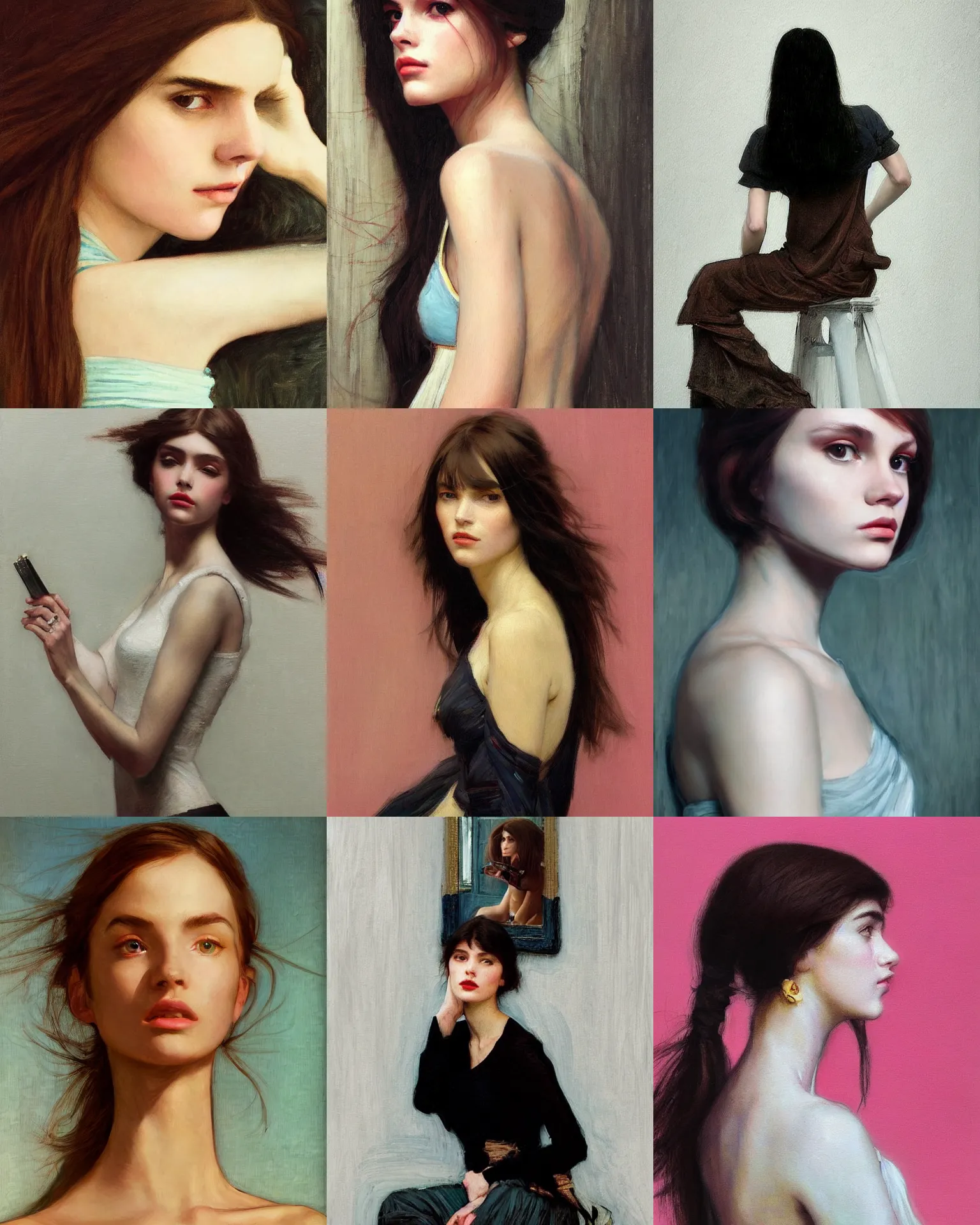 Prompt: a highly - detailed painting by john william waterhouse and vogue magazine and ilya kuvshinov and edward hopper and annie leibovitz of a synthwave!!! fashion photography portrait, white background.