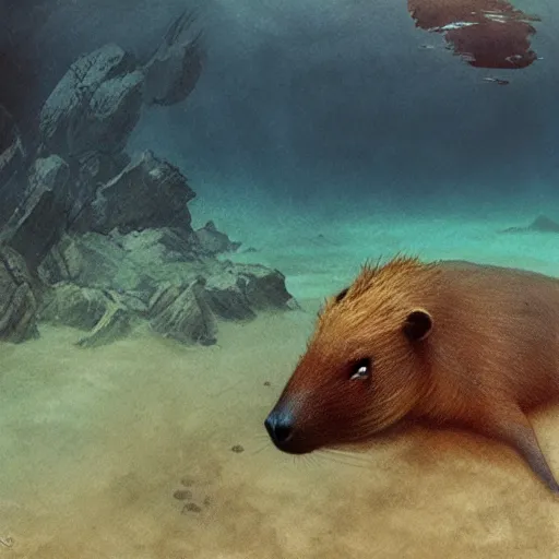 Image similar to A capybara underwater, Greg Rutkowski, Yoji Shinkawa