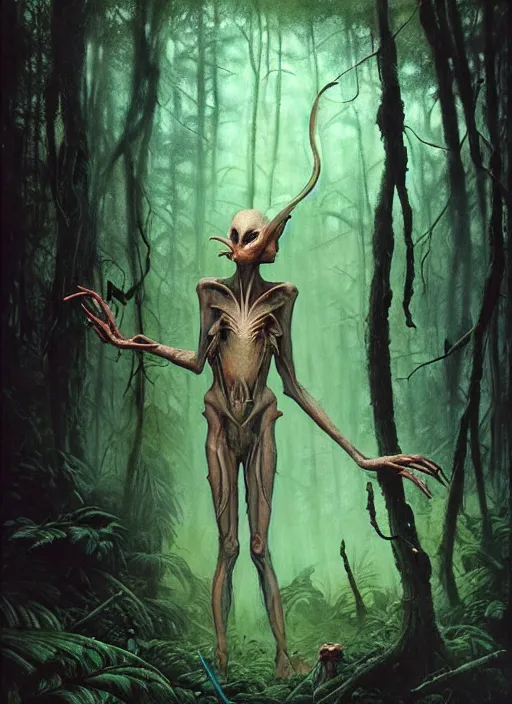 Image similar to hyper realistic magic alien in the woods in a river gorgeous lighting, lush forest foliage blue sky a hyper realistic ink drawing by chiara bautista and beksinski and norman rockwell and greg rutkowski, tom bagshaw weta studio, and lucasfilm