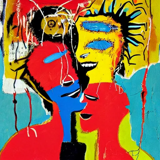 Image similar to expressive painting of two bizarre psychedelic femme creatures kissing each other closeup, speculative evolution, mixed media collage by basquiat and jackson pollock, magazine collage art