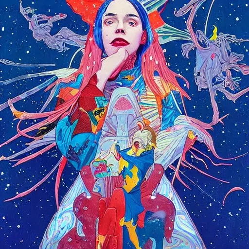 Image similar to closeup : billie eilish as the empress of the universe sits on stellar throne. illustration by james jean and satoshi kon and erik jones, inspired by evangelion, smooth feature, intricate oil painting, high detail illustration, sharp high detail