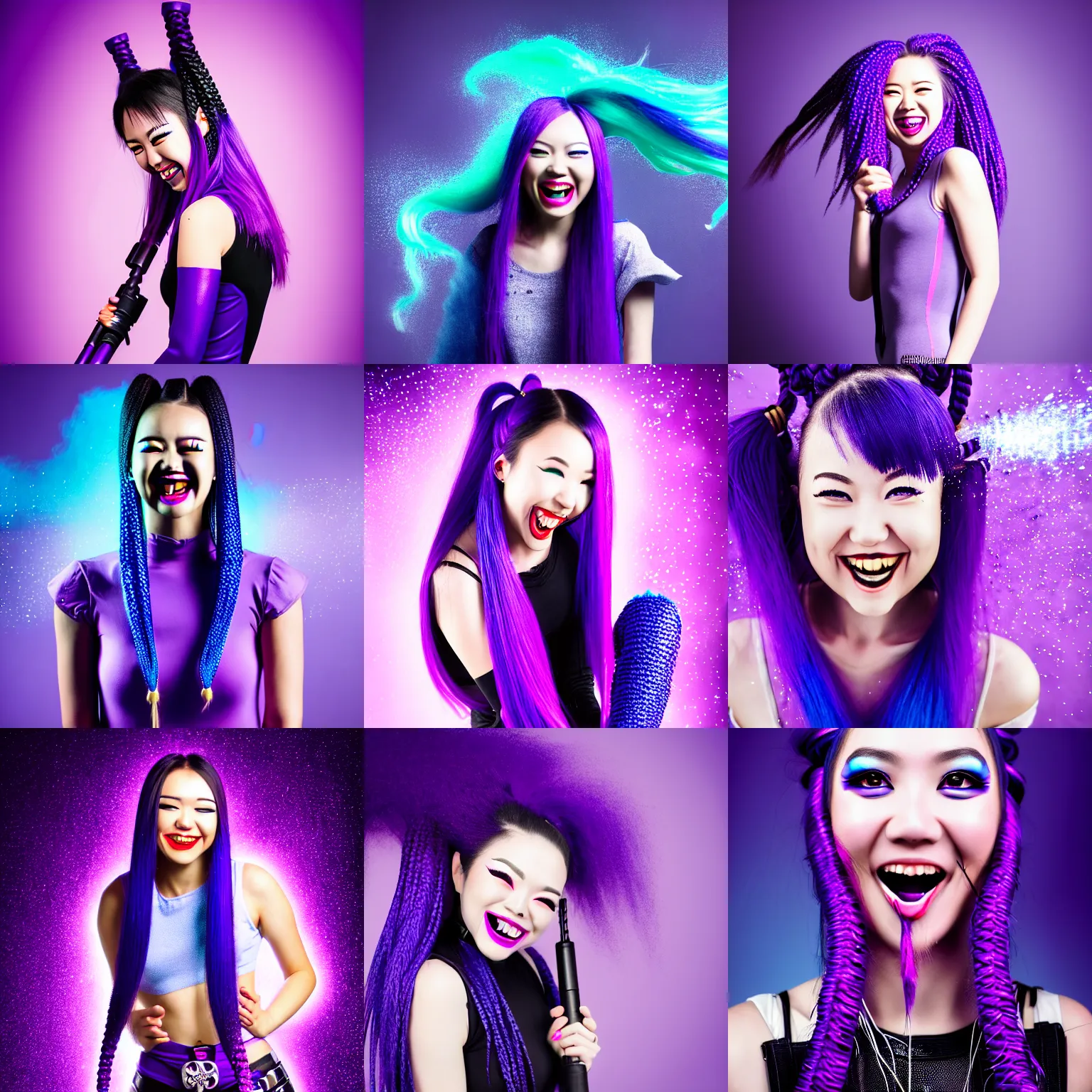 Prompt: close portrait insane pretty girl, evil, 2 long blue braids, pistol and bazooka, high boots, purple bridges with leggins, purple top, smiling laugh, particles explosion, elegant intricate matte sharp focus 8 k by ting xue