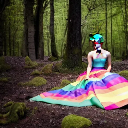 Image similar to photo of emma watson wearing a rainbow wedding gown sitting in a forest