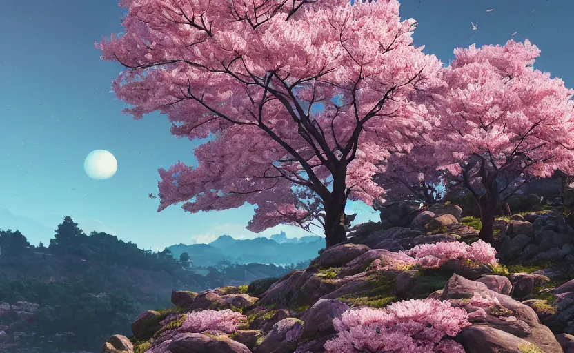 Prompt: cherry blossoms in the rocky hills, Low level, rendered by Beeple, Makoto Shinkai, syd meade, simon stålenhag, synthwave style, digital art, unreal engine, WLOP, trending on artstation, 4K UHD image, octane render,