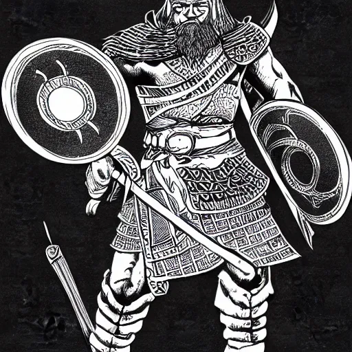 Image similar to viking warrior illustration, 4k detailed, black ink on white paper, how to draw