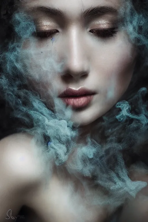 Prompt: photography inside a soul of a gorgeous young girl , searching for eternity, smoke out of her eyes, dark glowing forest in the style of stefan kostic, realistic, sharp focus, 8k high definition, high fashion, vogue, insanely detailed, soft light, colorful smoke, intricate, elegant, art by stanley lau and artgerm, sigma 85mm art