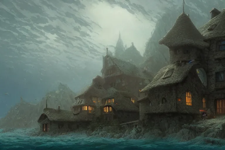 Image similar to submerged underwater!!!! on the ocean floor, a typical european house with a slate roof, school of fishes, scenic view, matte painting by christophe vacher and hubert robert, trending on artstation