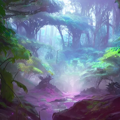 Image similar to concept art painting of a mystical alien fantasy forest, with fog and strange colorful plants, realistic, detailed, cel shaded, magenta and blue and green, in the style of makoto shinkai and greg rutkowski and james gurney