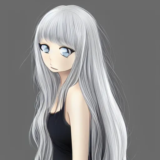 Image similar to young woman with long wavy light silver hair, with blackness instead of eyes, anime