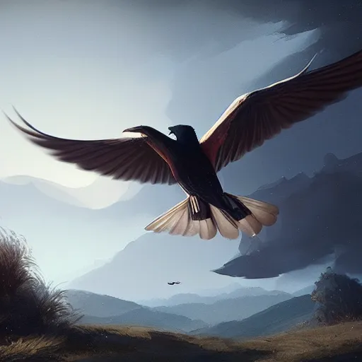 Prompt: milano bird, milvus milvus flying in avila mountains, 4 k, concept art, by wlop, ilya kuvshinov, artgerm, krenz cushart, greg rutkowski, pixiv. cinematic dramatic atmosphere, sharp focus, volumetric lighting, cinematic lighting, studio quality