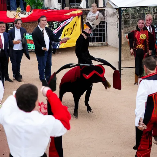 Image similar to elon musk dressed as a matador, bullfighting, la plaza abarrota